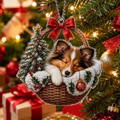 Dog Chrismast With Wicker Basket Sheepdog