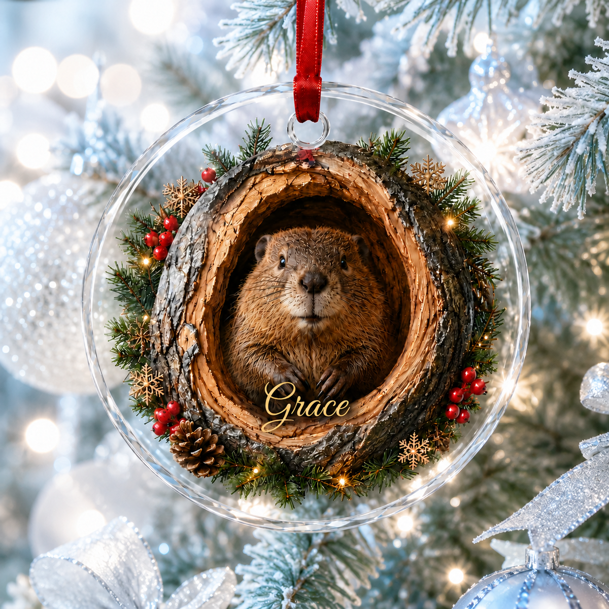 Animal Glass Ornament Tree Hollow Beaver