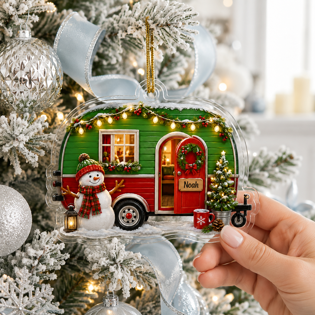 Camping Personalize Acrylic Snowman Mobile Home