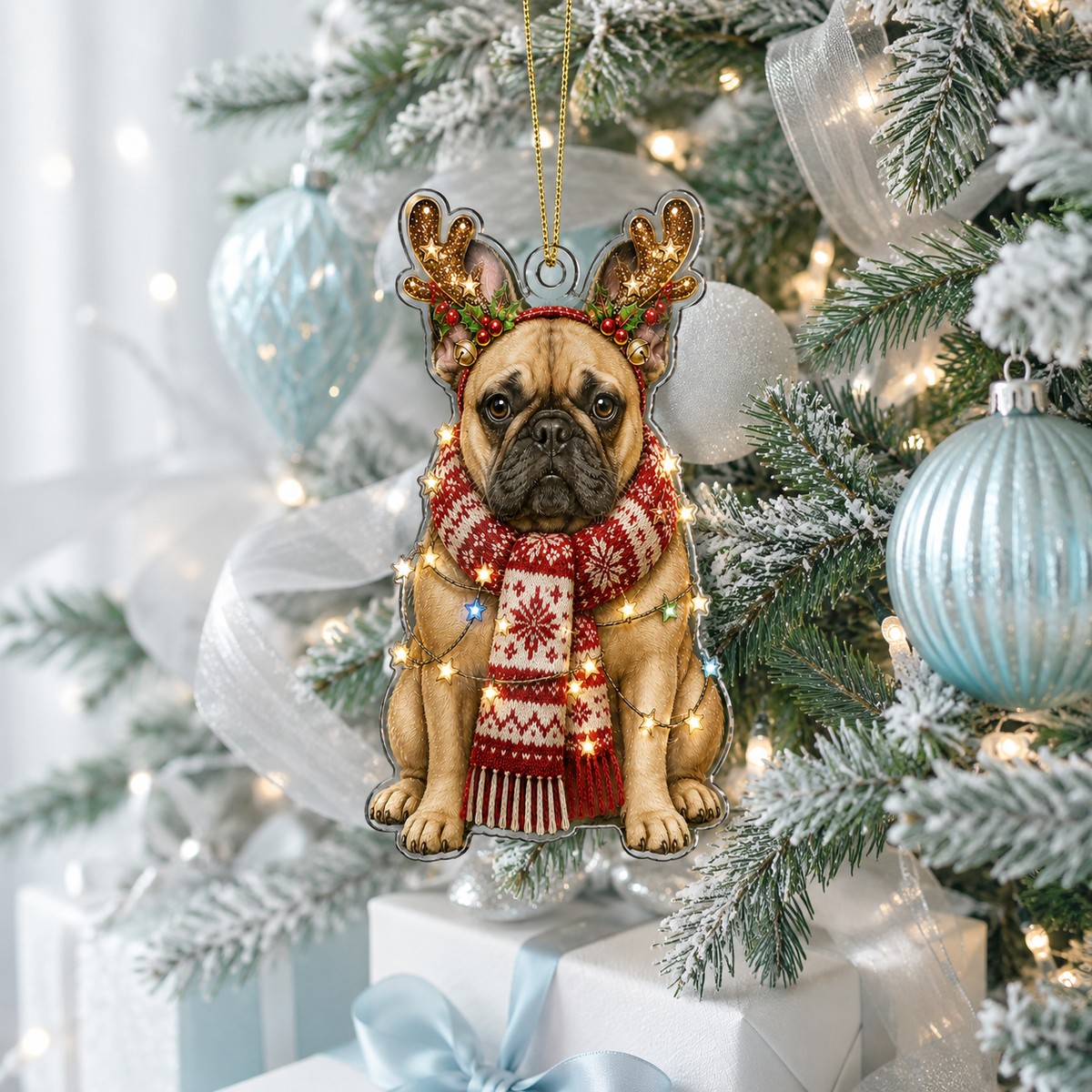 Dog Decor with Antlers & Scarf French Bulldog