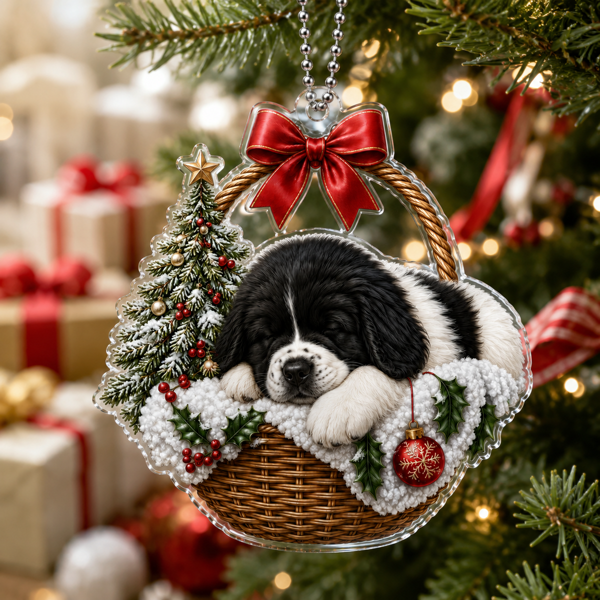 Dog Chrismast With Wicker Basket Newfoundland