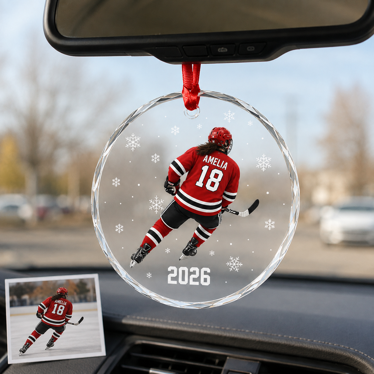 Custom Photo Sport Glass Ornament Hockey Red Jersey