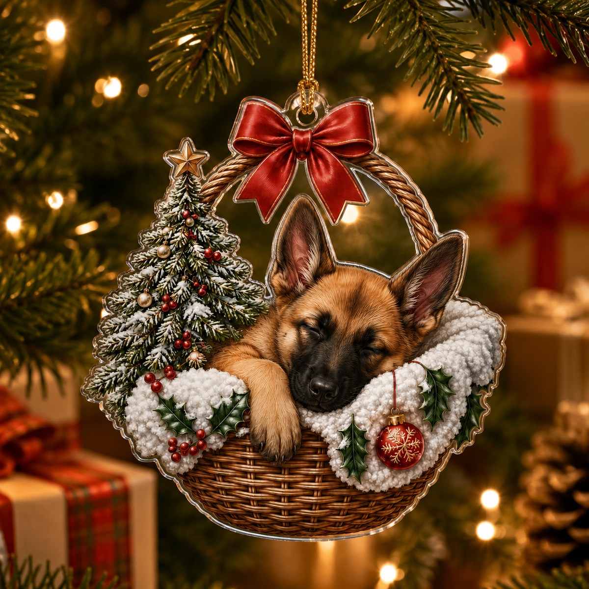 Dog Chrismast With Wicker Basket Belgian Malinois