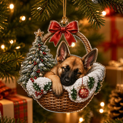 Dog Chrismast With Wicker Basket Belgian Malinois