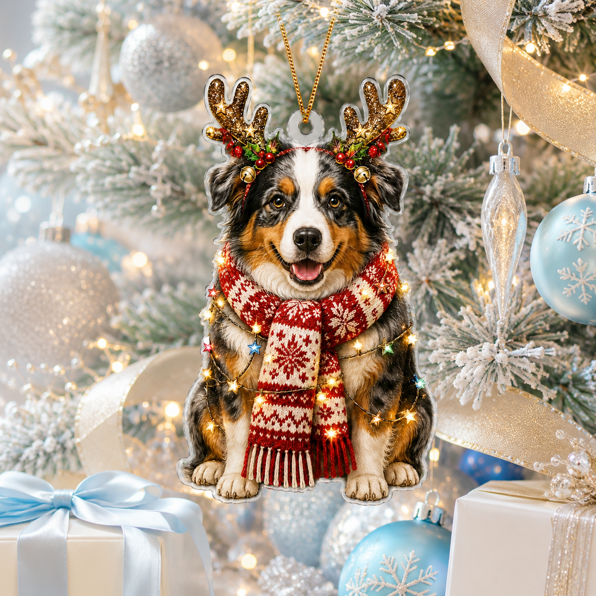 Dog Decor with Antlers & Scarf Australian Shepherd
