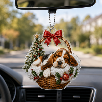 Dog Chrismast With Wicker Basket Basset Hound
