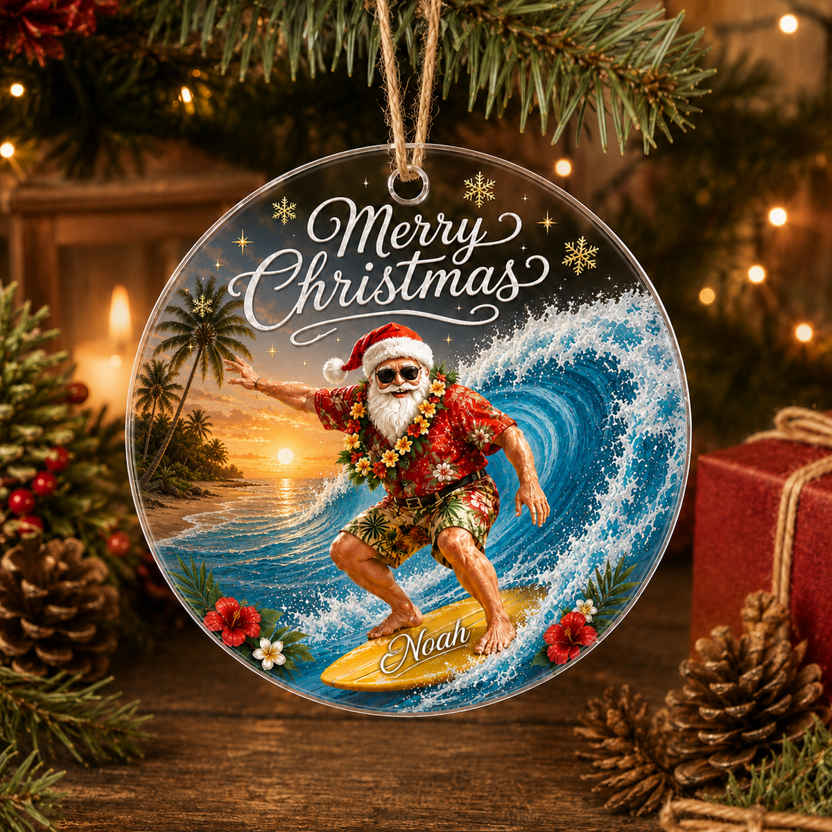 Surfing Personalize Acrylic Tropical Santa Surfing