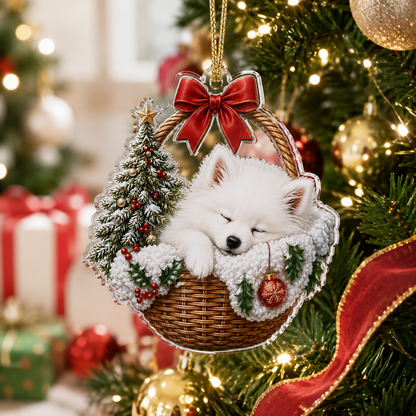 Dog Chrismast With Wicker Basket Japanese spiz
