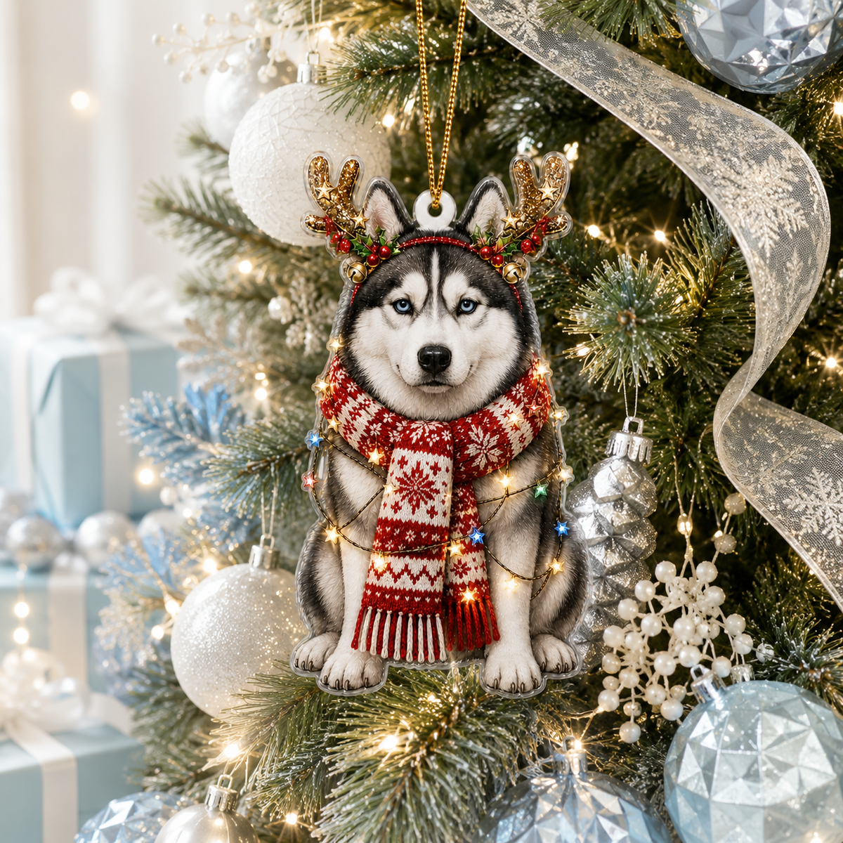 Dog Decor with Antlers & Scarf Siberian Husky