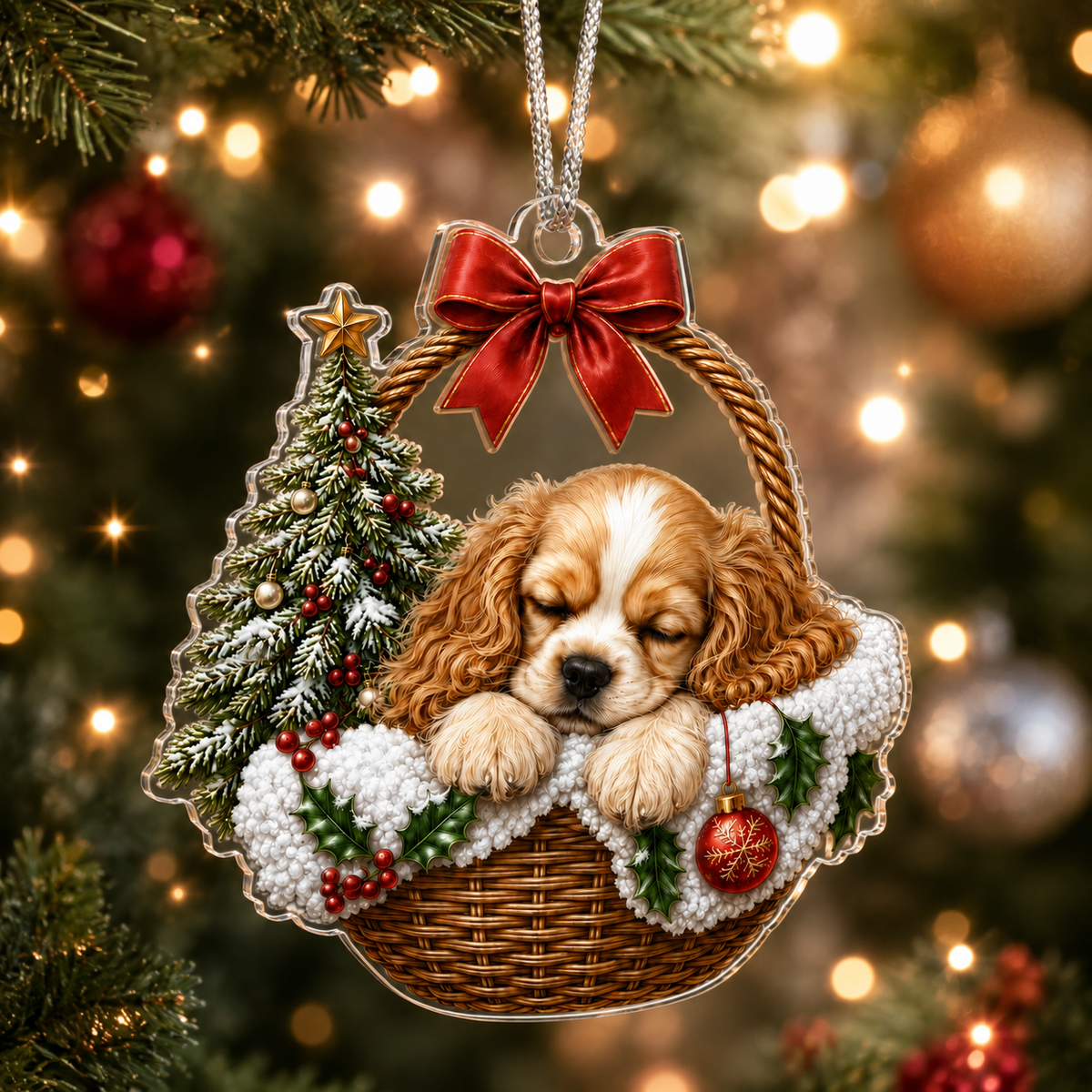 Dog Chrismast With Wicker Basket  Spaniel