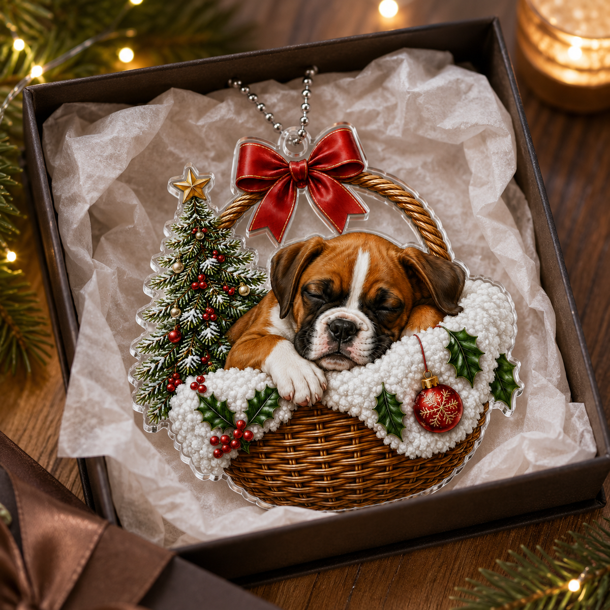 Dog Chrismast With Wicker Basket Boxer