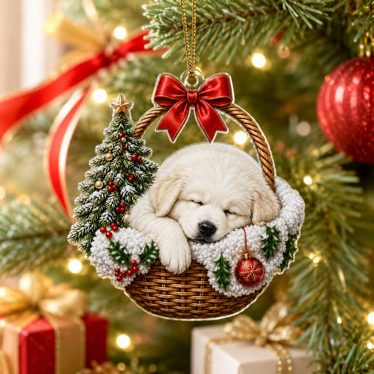 Dog Chrismast With Wicker Basket Golden Retriever