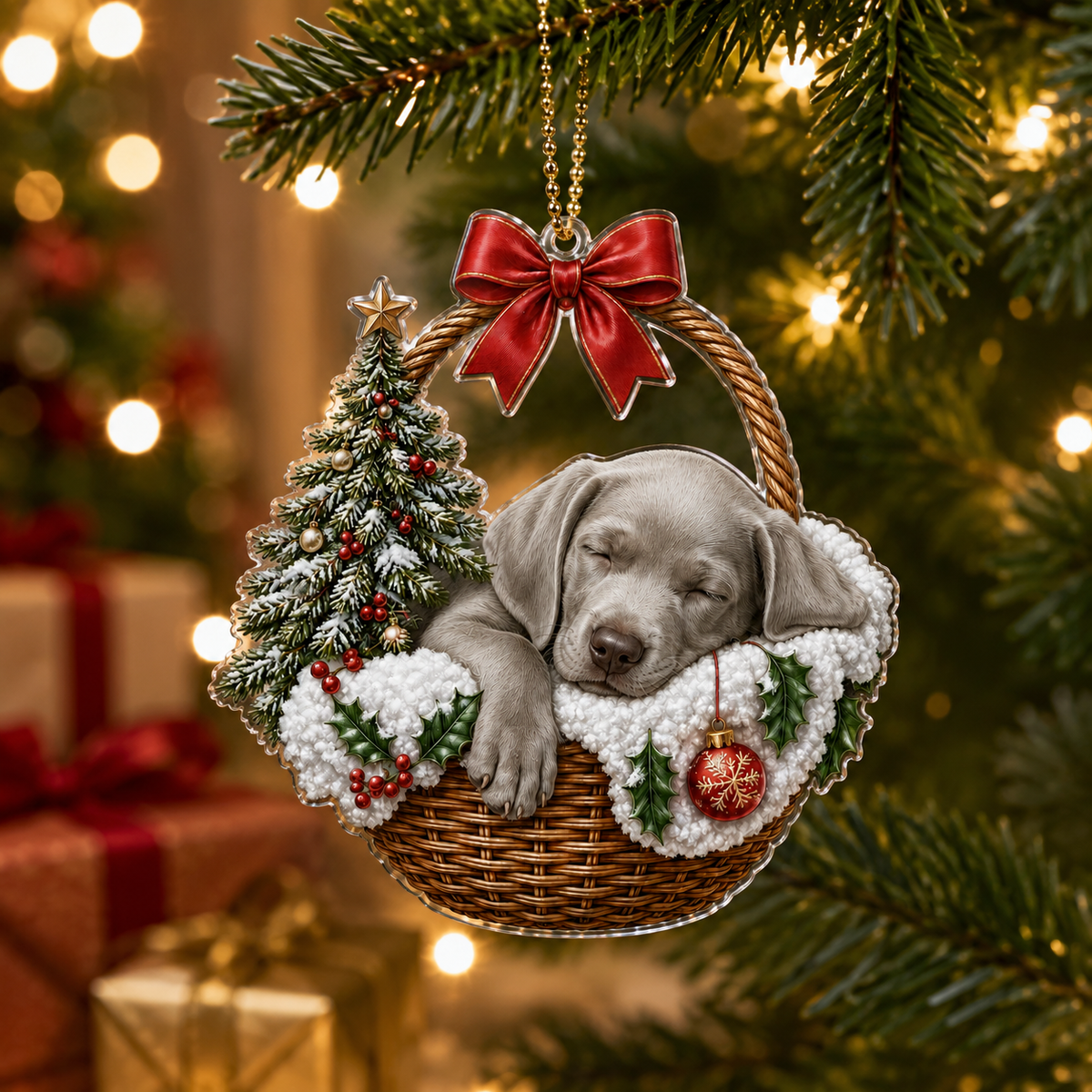 Dog Chrismast With Wicker Basket Weimaraner