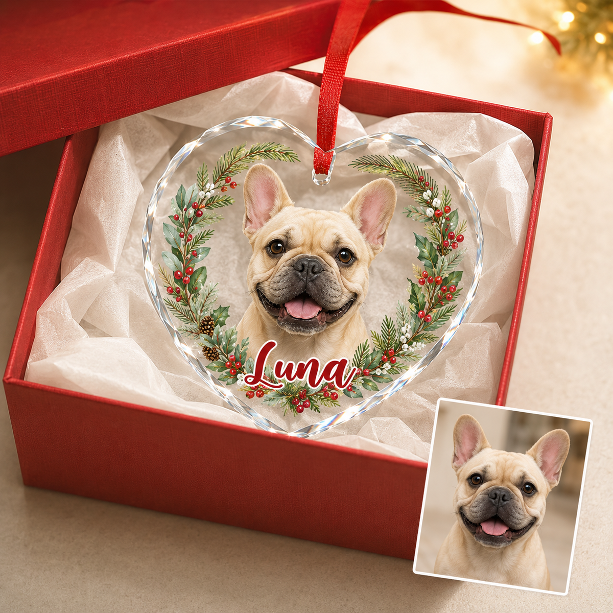 Custom Photo Dog Glass Dog With Christmas Wreath