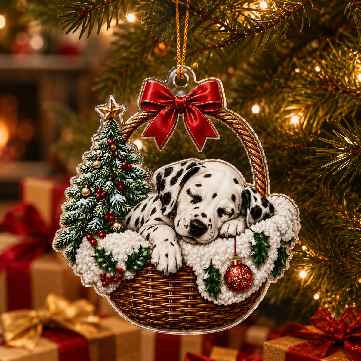 Dog Chrismast With Wicker Basket Dalmantian