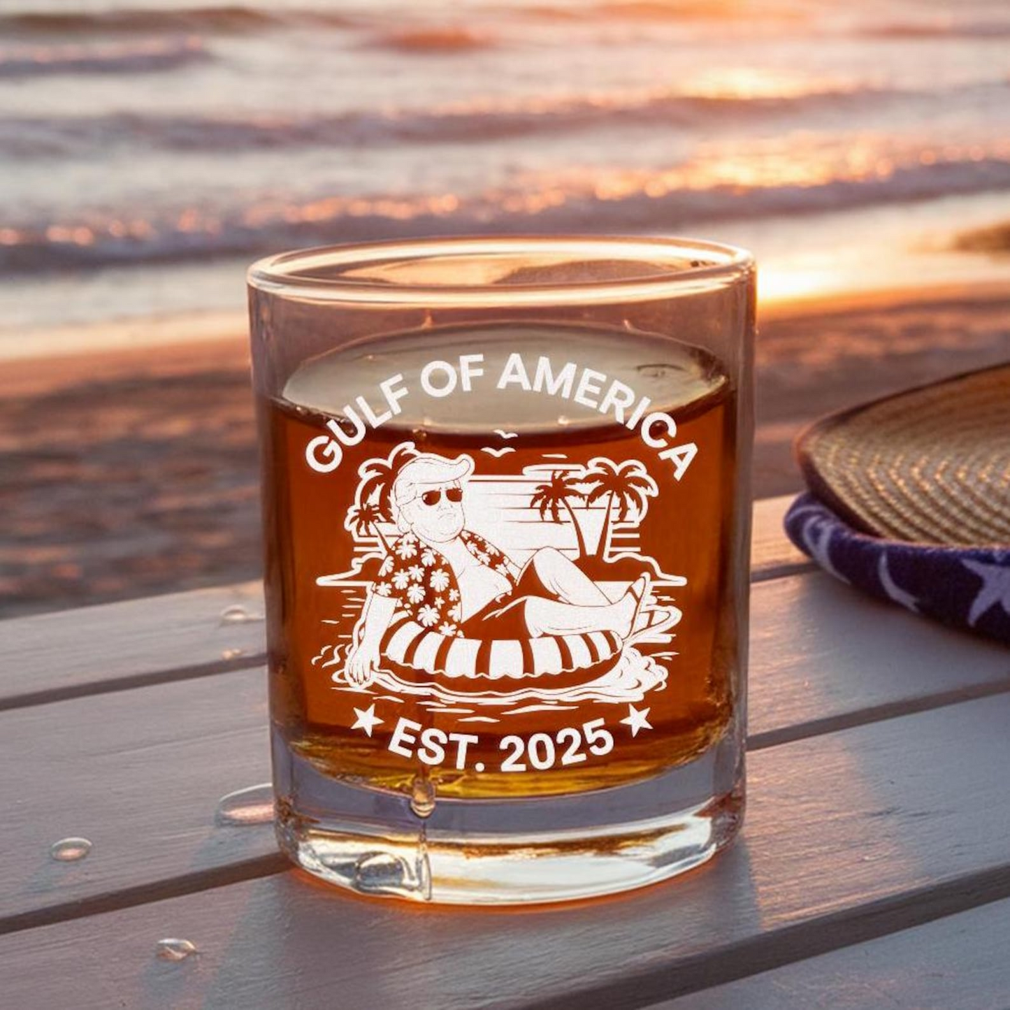 Gulf of America 2025 Whiskey Glass | Funny Trump 'Chillin' at the Gulf of America Engraved Whiskey Glass