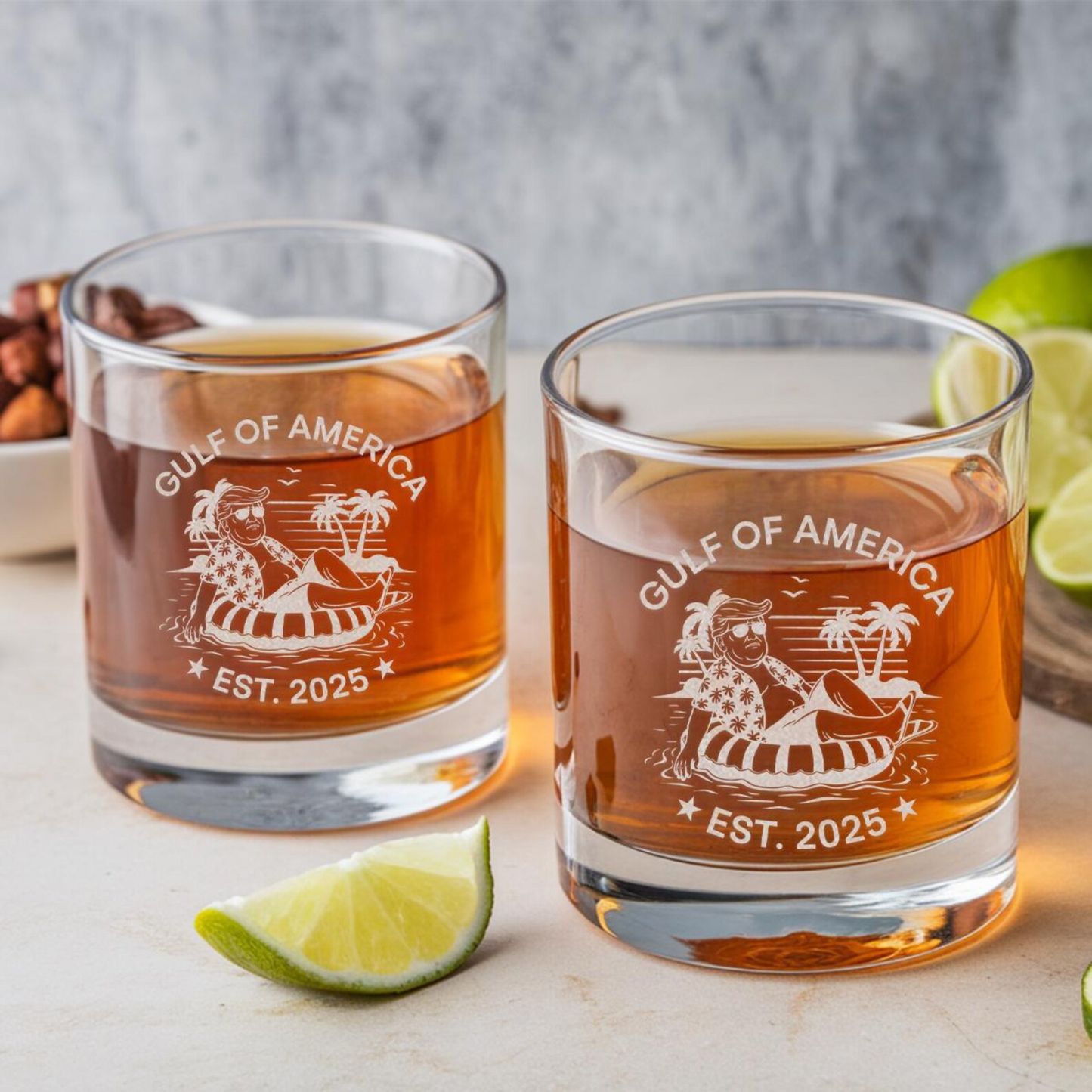 Gulf of America 2025 Whiskey Glass | Funny Trump 'Chillin' at the Gulf of America Engraved Whiskey Glass