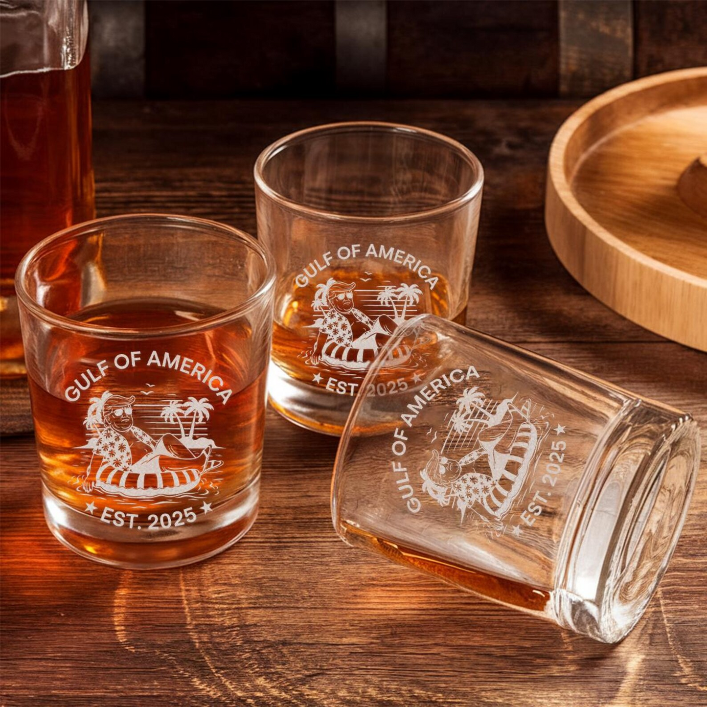 Gulf of America 2025 Whiskey Glass | Funny Trump 'Chillin' at the Gulf of America Engraved Whiskey Glass