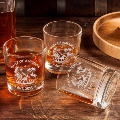 Gulf of America 2025 Whiskey Glass | Funny Trump 'Chillin' at the Gulf of America Engraved Whiskey Glass