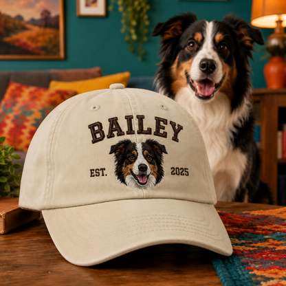 Custom Dog Portrait Embroidered Hat, Personalized Pet Name Cap, Memorial Dog Gift THUC99
