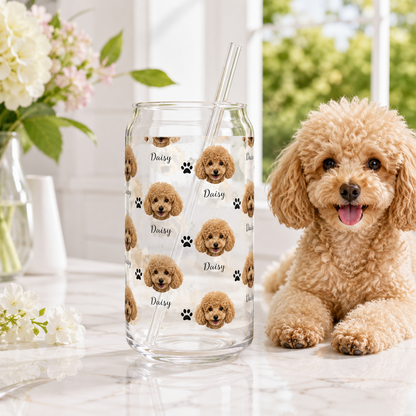 Custom Dog Photo Sipper Glass 16oz – Personalized Glass Tumbler with Bamboo Lid & Straw THUC99