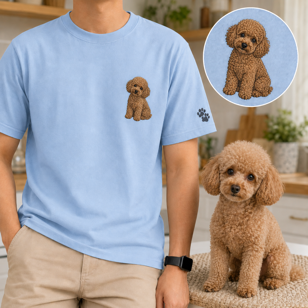 Custom Dog Mom Embroidered T-Shirt, Personalized Pet Portrait Tee, Dog Photo Shirt THUC99