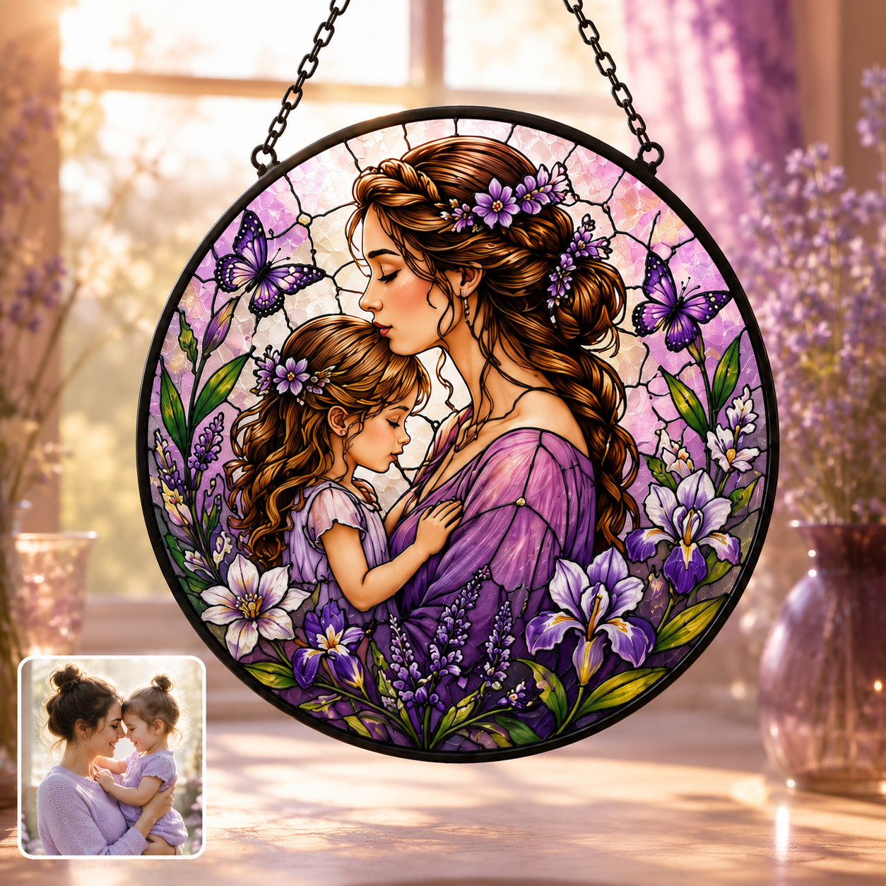 Custom Family Photo Stained Glass Window Hanging, Personalized Mom and Grandma Suncatcher Gift THUC99