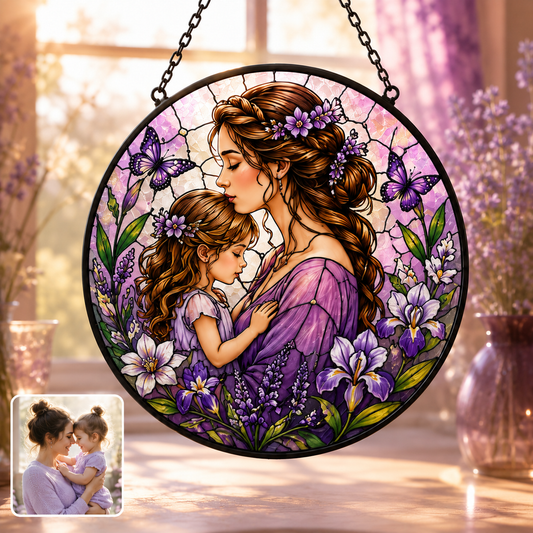 Custom Family Photo Stained Glass Window Hanging, Personalized Mom and Grandma Suncatcher Gift THUC99