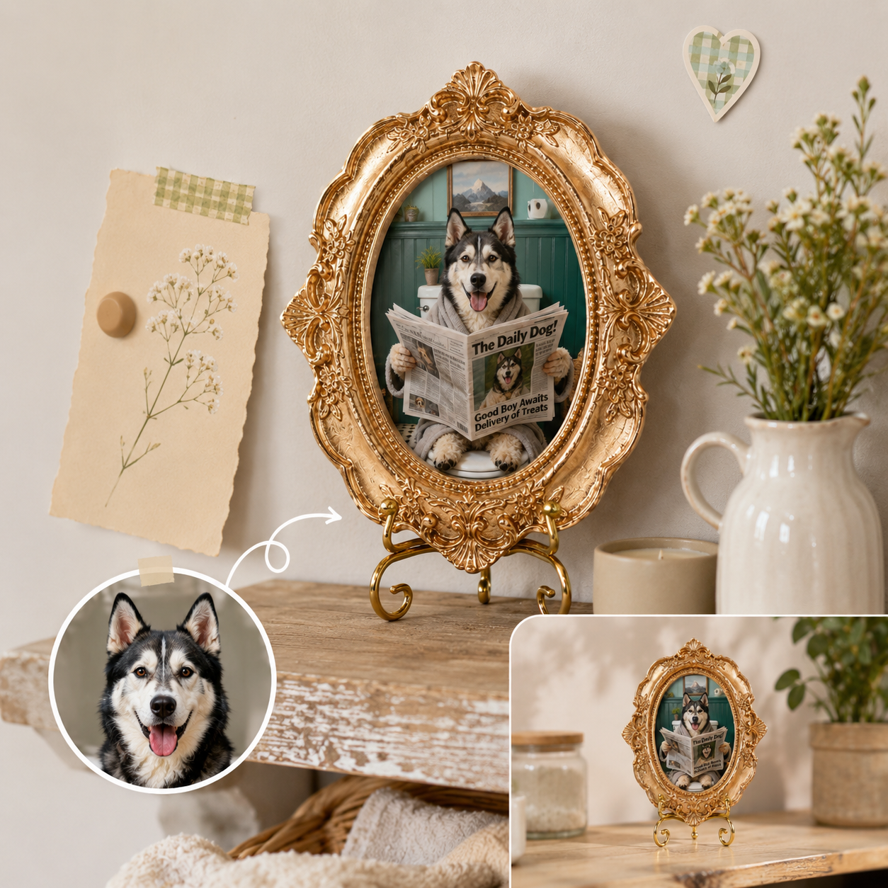 Personalized Dog Reading On Toilet Keepsake Magnet, Custom Pet Photo Vintage Frame Magnet, Dog Memorial Gift THUC99