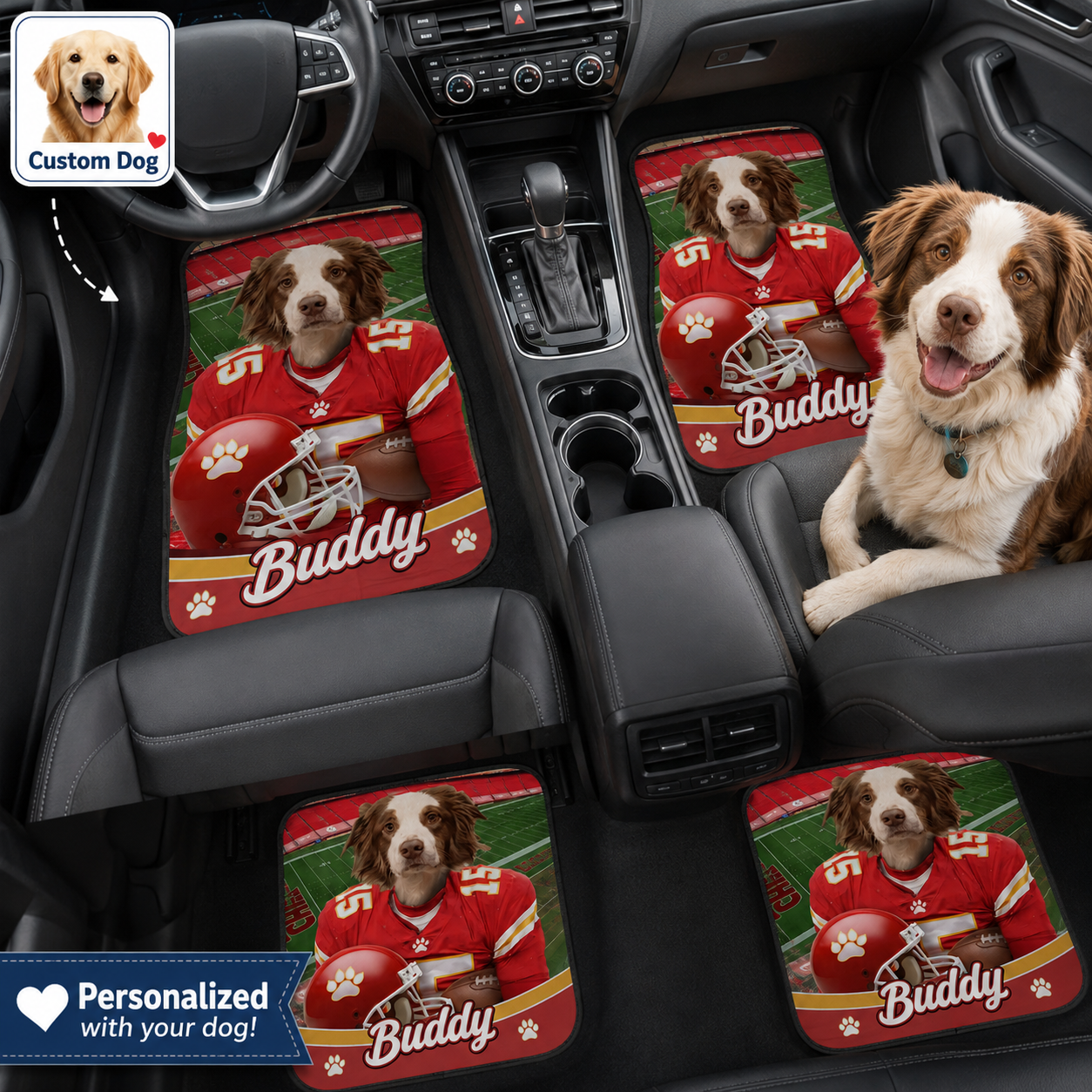 Custom Dog Face Auto Floor Mats, Personalized Football Pet Car Accessories Gift THUC99