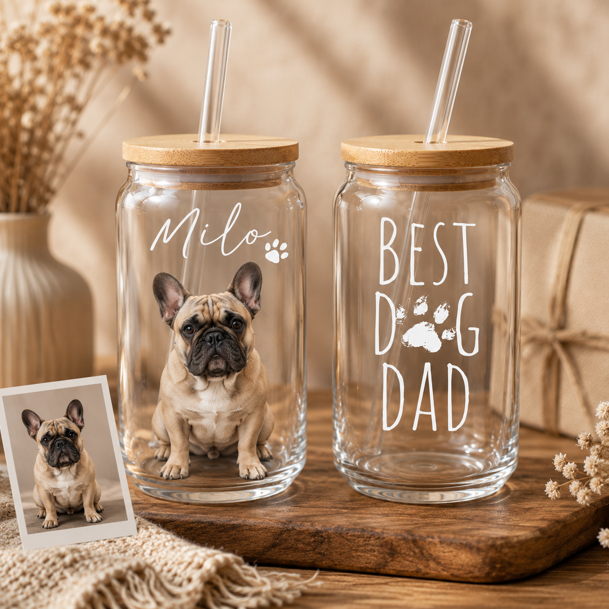 Personalized Dog Portrait Glass Cup 16oz – Custom Sipper with Bamboo Lid & Straw THUC99