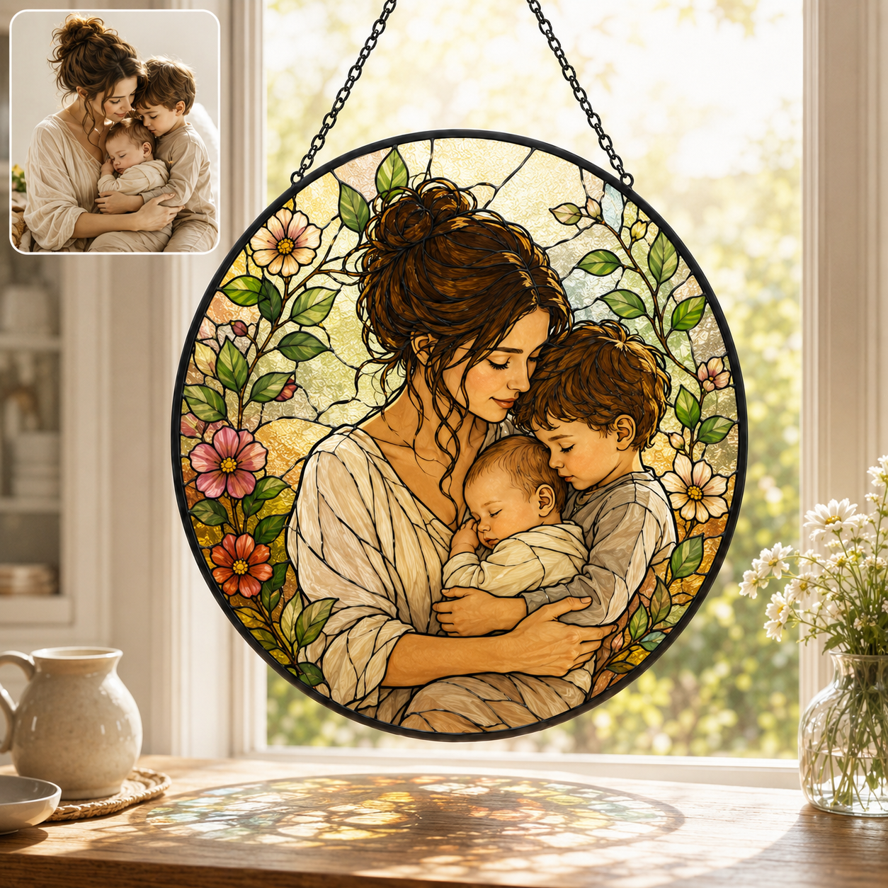 Personalized Mom & Grandma Portrait Glass Suncatcher, Custom Family Photo Window Hanging Decor THUC99