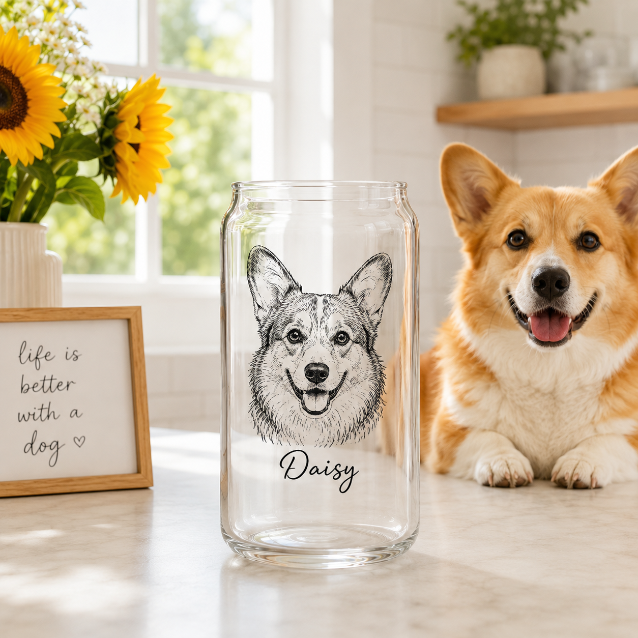 Custom Dog Photo Sipper Glass 16oz – Personalized Glass Tumbler with Bamboo Lid & Straw THUC99