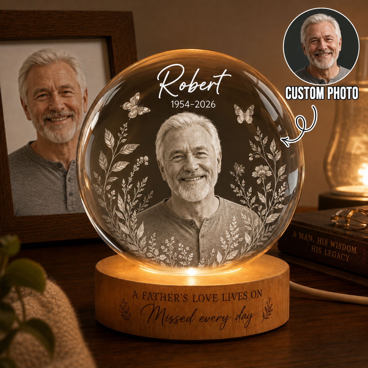 Custom Photo Father Night Light, Personalized Memorial Crystal Ball Lamp For Dad THUC99