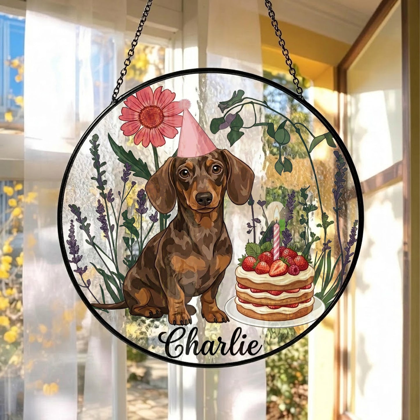 Custom Pet Birthday Suncatcher – Custom Photo Dog Portrait Window Hanging Decor (THUC99)