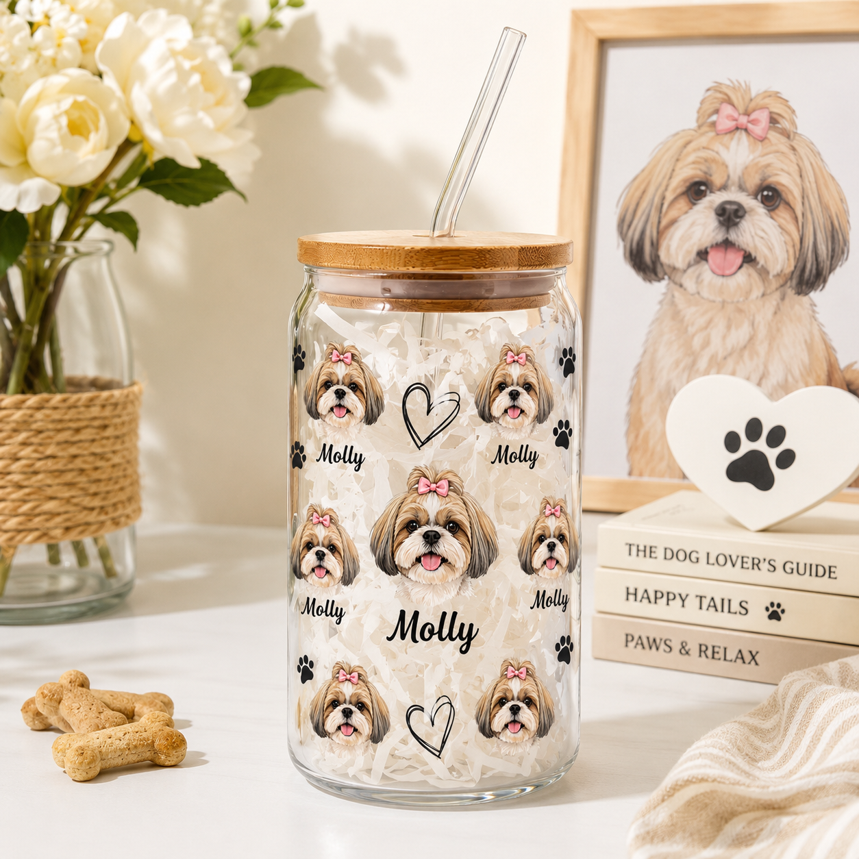 Custom Dog Photo Iced Coffee Glass – 16oz Personalized Cup with Bamboo Lid THUC99 (Copy)