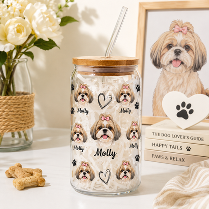 Custom Dog Photo Iced Coffee Glass – 16oz Personalized Cup with Bamboo Lid THUC99 (Copy)