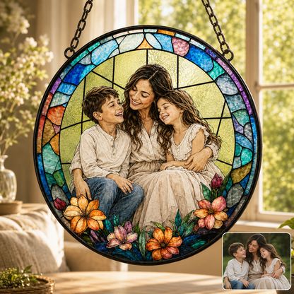 Custom Photo Mom & Grandma Stained Glass Suncatcher, Personalized Family Portrait Window Hanging Gift THUC99