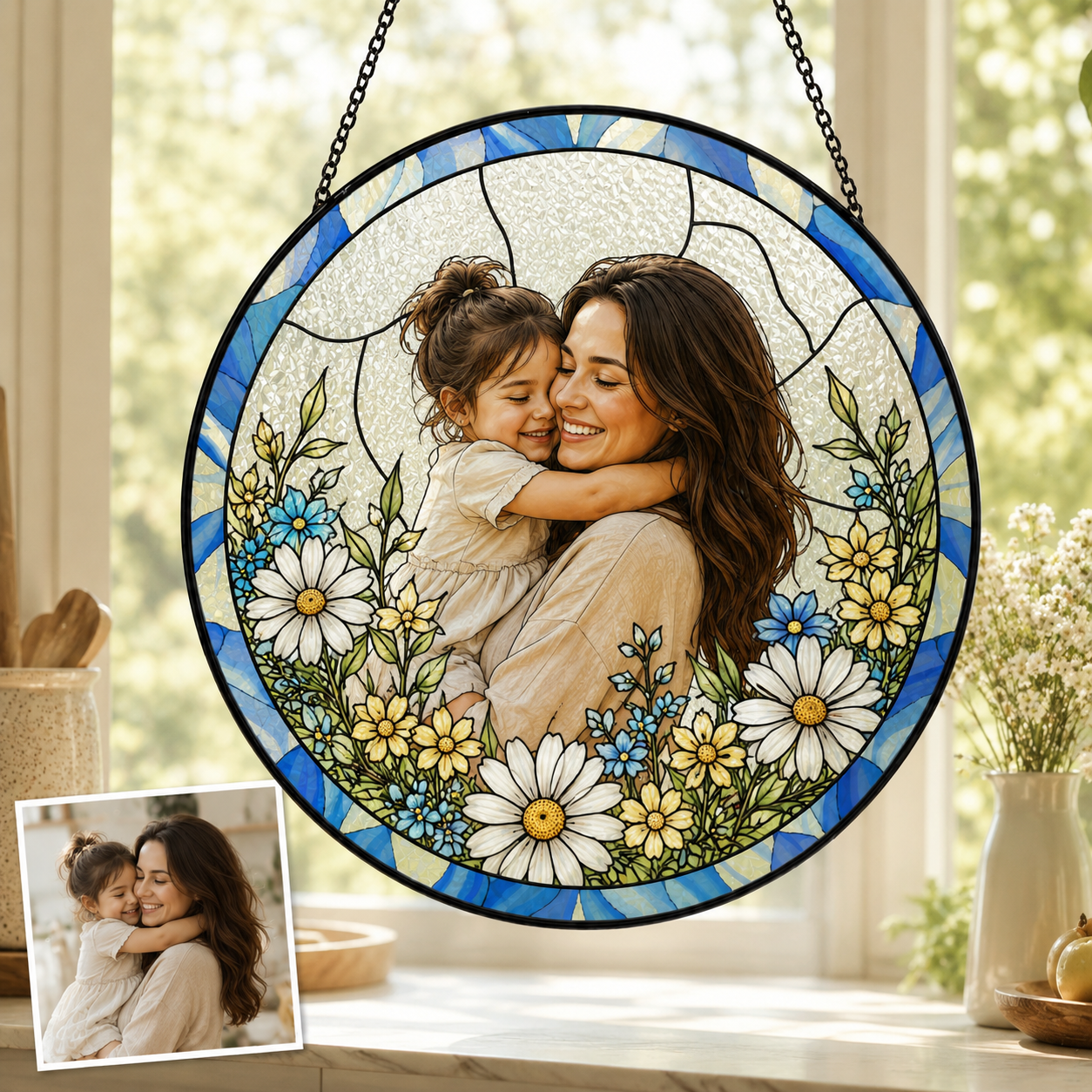 Custom Family Portrait Stained Glass Suncatcher, Personalized Photo Window Hanging Gift for Mom THUC99