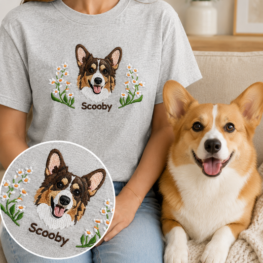 Custom Dog Embroidered Unisex Shirt, Personalized Pet Photo Tee, Dog Mom Dad Gift THUC99