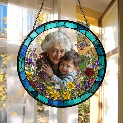 Custom Grandma Photo Stained Glass Suncatcher – Personalized Portrait Window Hanging (THUC99)