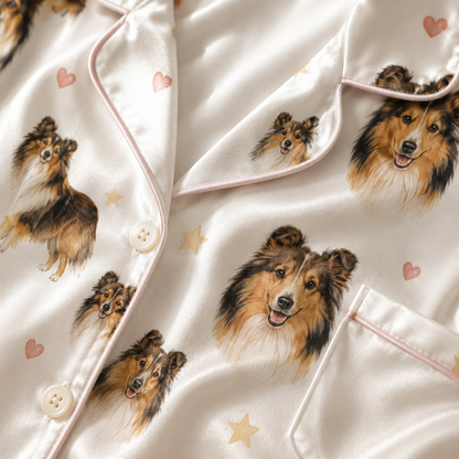 Custom Dog Face Printed Satin Pajamas Set Personalized Pet Photo Sleepwear for Her THUC99