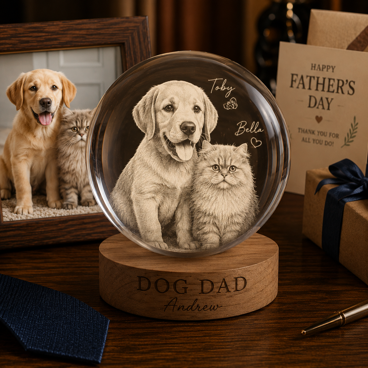 Custom Photo Dog Dad Night Light, Personalized Cat Dad Crystal Ball Lamp For Pet Dad THUC99