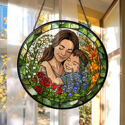 Personalized Mother & Child Stained Glass Suncatcher – Custom Portrait Floral Window Hanging, Mom Gift THUC99