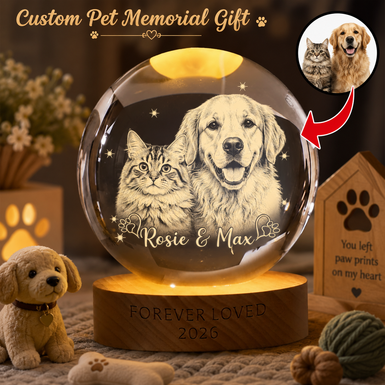 Custom Dog Crystal Ball Light, Personalized Pet Photo Lamp, Dog Memorial Sympathy Gift THUC99