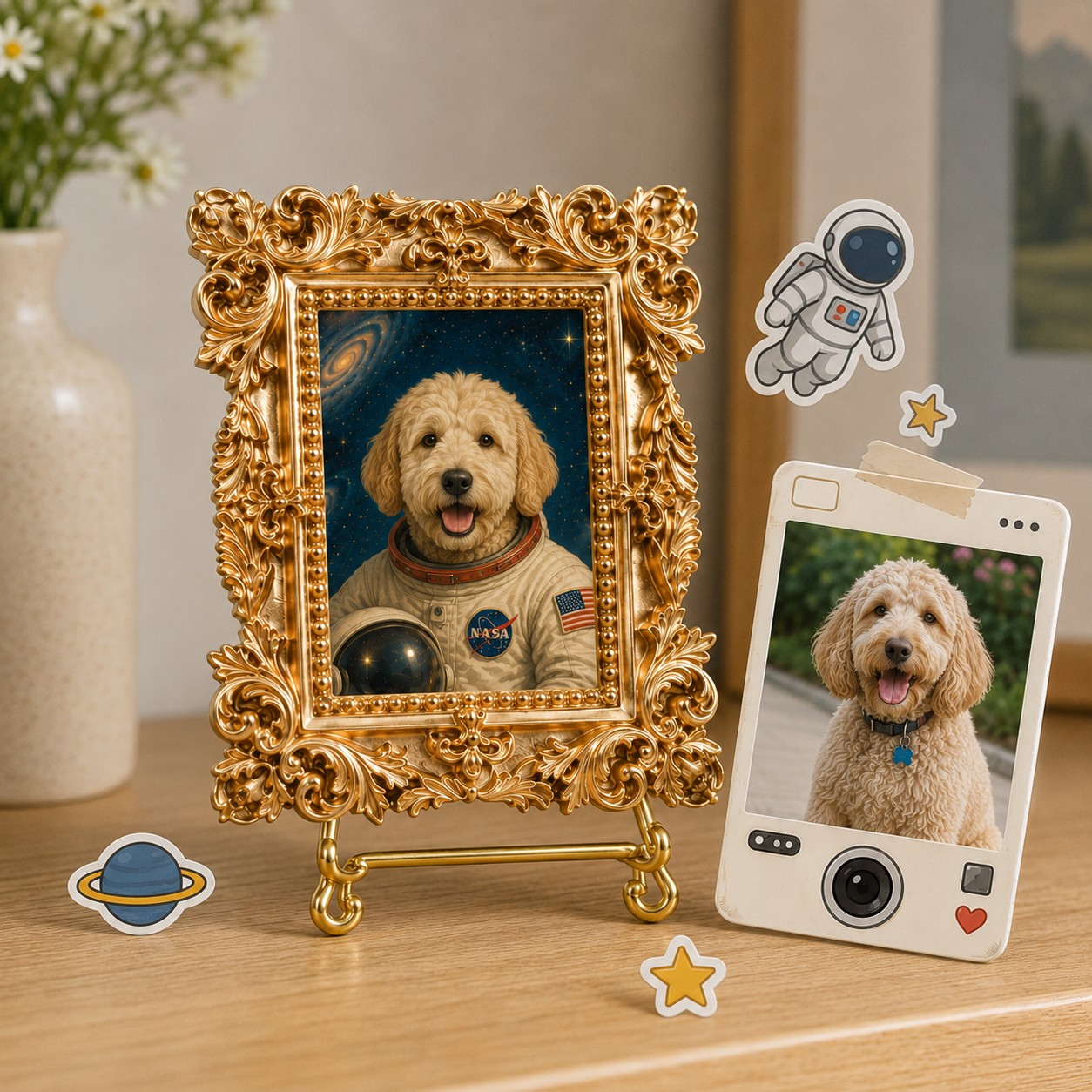 Personalized Dog Astronaut Keepsake Magnet, Custom Pet Photo Vintage Frame Magnet, Dog Memorial Gift THUC99