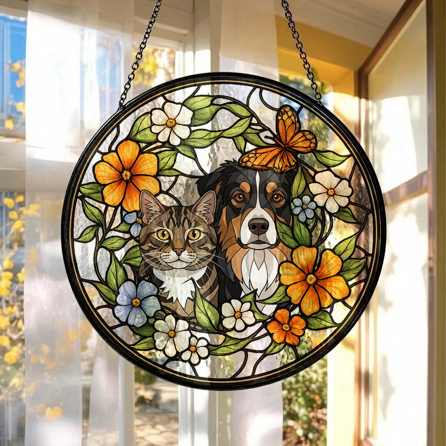 Custom Dog & Cat Stained Glass Suncatcher – Personalized Pet Portrait Window Hanging THUC99