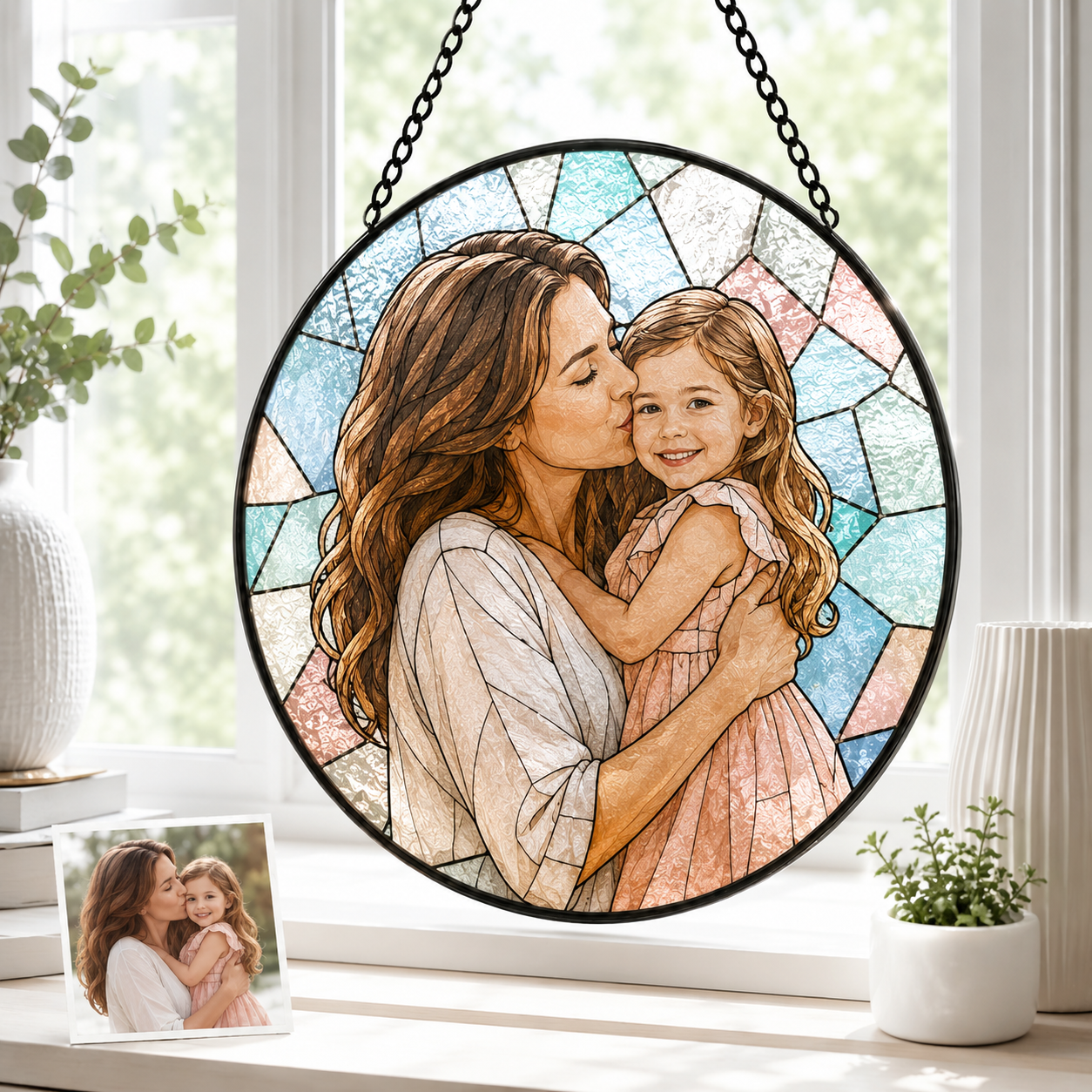 Personalized Mom & Grandma Portrait Glass Suncatcher, Custom Family Photo Window Hanging Decor THUC99