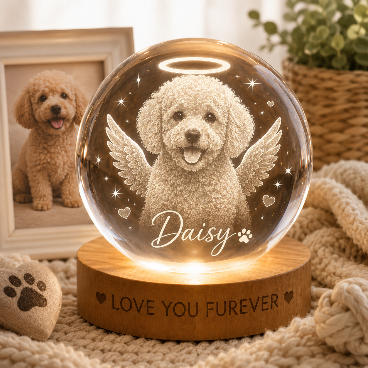 Custom Dog Crystal Ball Night Light, Personalized Pet Photo Crystal Lamp, Memorial Dog Gift THUC99