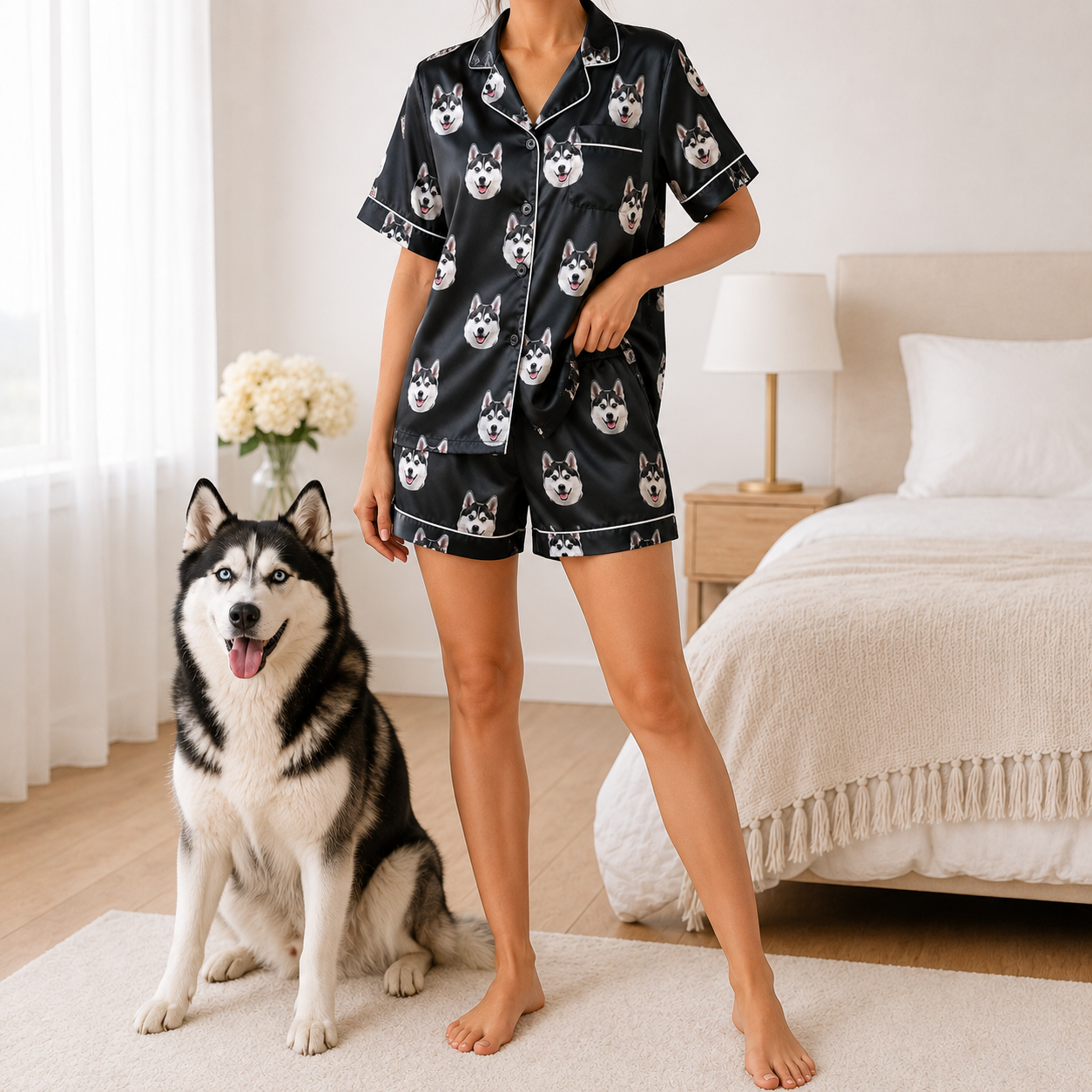 Custom Puppy Face Satin Pajama Set Personalized Pet Photo Gift for Dog Owners THUC99